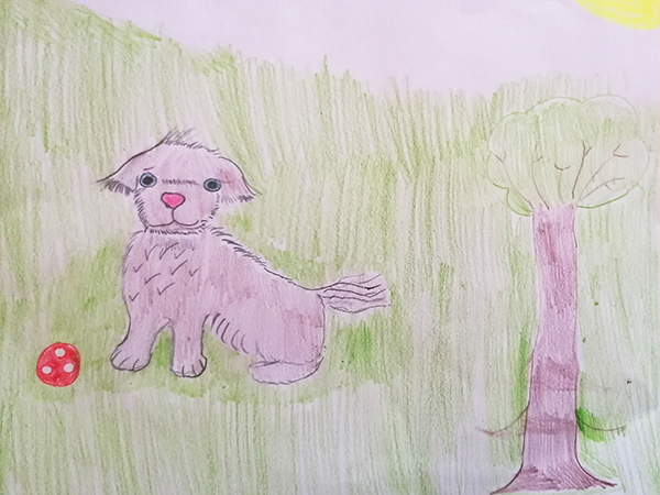 Gemaltes Kinderbild mit einem kleinen Hund und seinem Ball.
