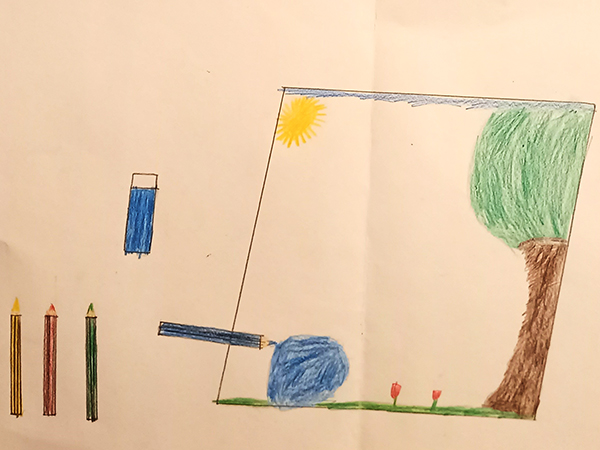 Gemaltes Kinderbild von einem Bild, das gerade gemalt wird.