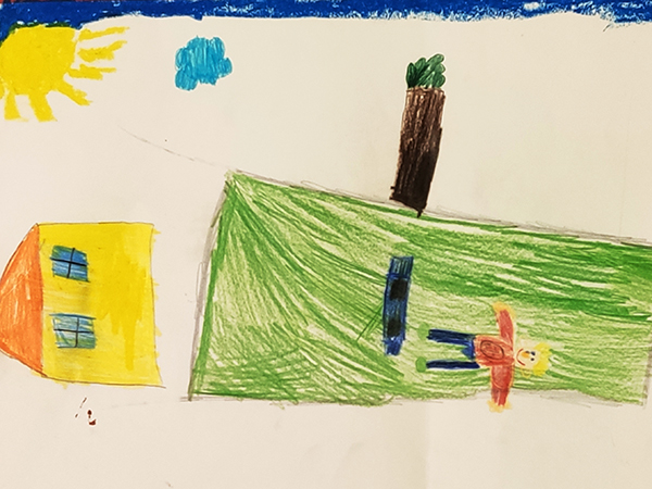 Gemaltes Kinderbild mit Haus und Garten und einer Person.