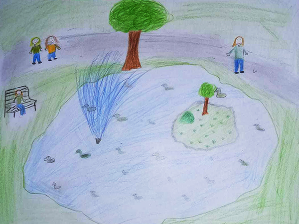 Gemaltes Kinderbild mit dem Weiher in Neustadt a.d.Aisch.