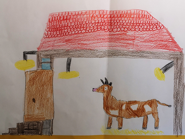 Gemaltes Kinderbild mit einem Kuhstall.