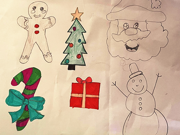 Gemaltes Kinderbild mit weihnachtlichen Symbolen.