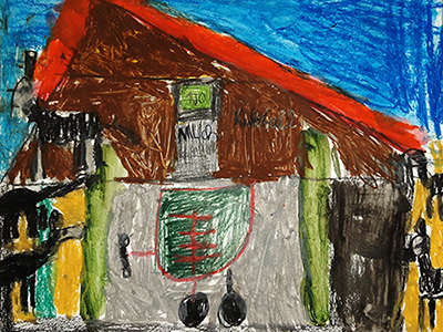 Gemaltes Kinderbild mit Haus und Tieren.