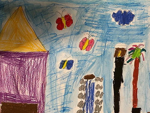 Gemaltes Kinderbild mit Haus und Fantasiepflanzen.