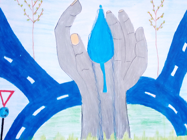 Gemaltes Kinderbild mit der Skulptur der zwei Hände, die einen Wassertropfen halten, am Frankenbrunnen-Kreisel.