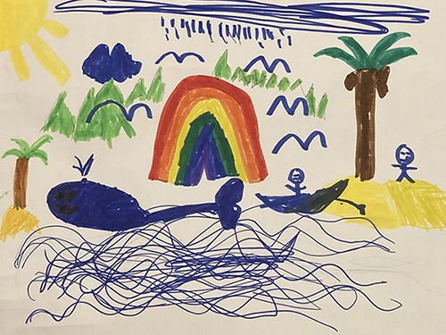 Kunterbuntes gemaltes Kinderbild mit Regenbogen, Fluss, Schiff und Palmen.