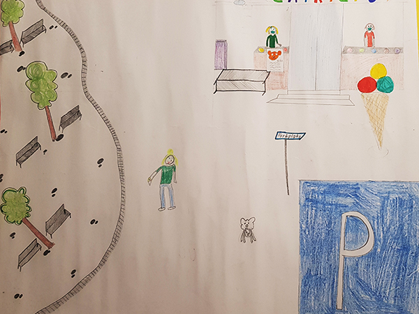 Gemaltes Kinderbild mit einer Eisdiele und einem Platz.