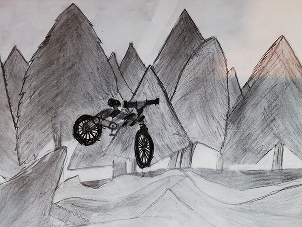 Gemaltes Kinderbild mit einem BMX-Fahrrad im Wald.