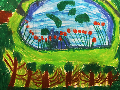 Gemaltes Kinderbild mit einem Weiher.
