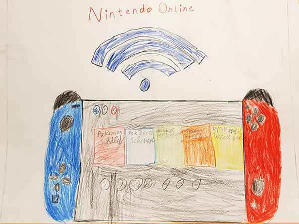 Gemaltes Kinderbild mit einer Spielkonsole.