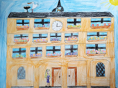Gemaltes Kinderbild vom Rathaus in Neustadt a.d.Aisch