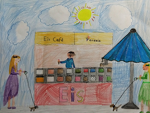 Gemaltes Kinderbild von einer Eisdiele.