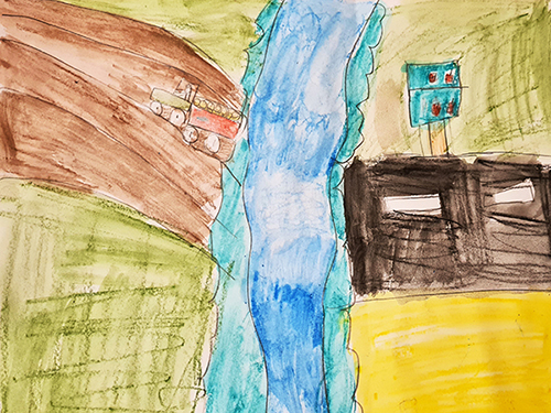 Gemaltes Kinderbild von der Aisch von oben wie sie durch die Landschaft fließt.