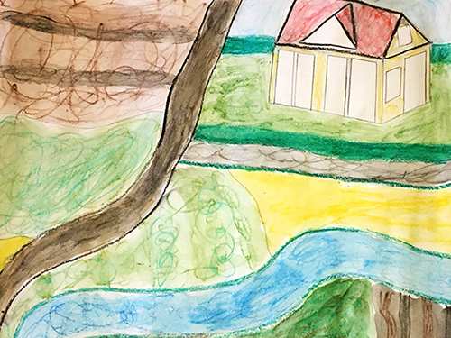 Gemaltes Kinderbild von Haus in Landschaft.