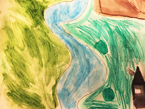 Gemaltes Kinderbild mit Fluss und Wiesen.
