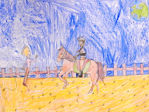 Gemaltes Kinderbild von Kind, das reitet und Reitlehrer/in.