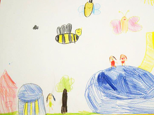 Gemaltes Kinderbild mit Badenden.