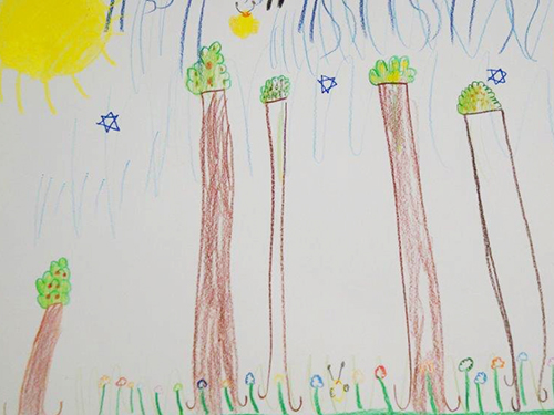 Gemaltes Kinderbild mit mehreren Obstbäumen.