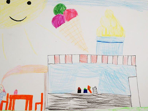 Gemaltes Kinderbild mit einer Eisdiele.