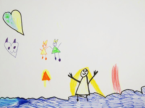 Gemaltes Kinderbild mit badendem Kind.