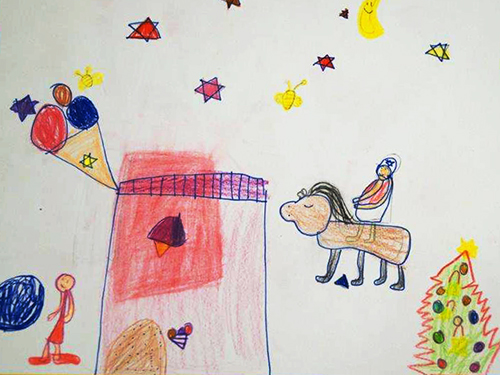 Gemaltes Kinderbild mit einem Kind, das auf einem Pferd reitet, Eisdiele und Christbaum.