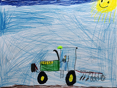 Gemaltes Kinderbild mit Traktor, der auf dem Feld arbeitet.