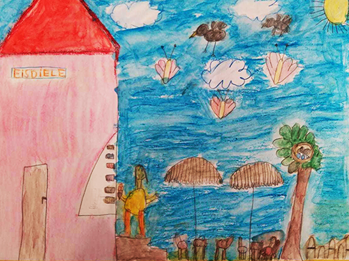 Gemaltes Kinderbild mit Kind vor einer Eisdiele