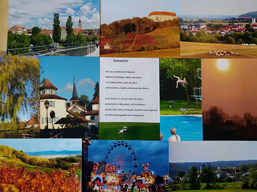 Collage mit verschiedenen Orten im Landkreis und Veranstaltungen (Kirchweih), Freibad sowie ein Text in der Mitte