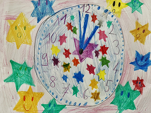Gemaltes Kinderbild mit Uhr, Uhrzeit ist 13 Uhr