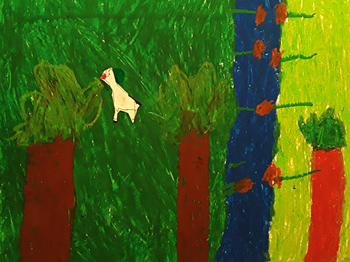 Gemaltes Kinderbild mit Wiesen, Fluss und Tier