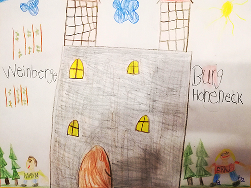 Gemaltes Kinderbild von der Burg Hoheneck und den Ipsheimer Weinbergen