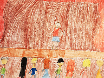 Gemaltes Kinderbild von einem Bühnenauftritt