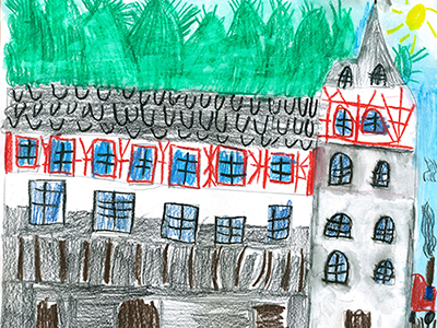 Gemaltes Kinderbild mit großem Fachwerkhaus