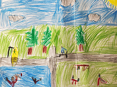 Gemaltes Kinderbild mit Freibad und Spielplatz