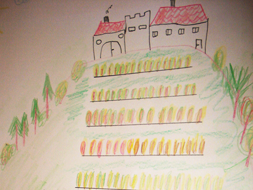 Gemaltes Kinderbild mit Burg Hoheneck und den Ipsheimer Weinbergen