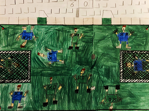 Gemaltes Kinderbild von einem Fußballspiel