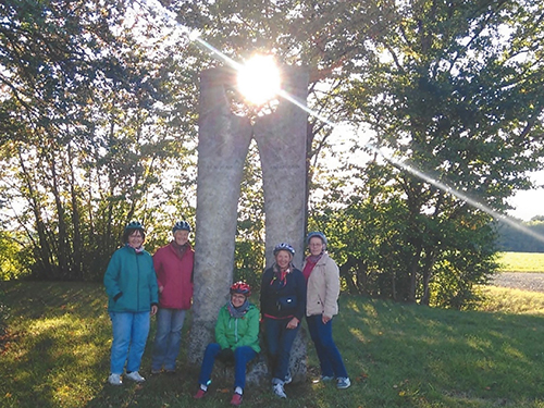 Fünf Personen mit Fahrradhelm stehen und sitzen an Steinskulptur am Glaubensweg Langensteinach