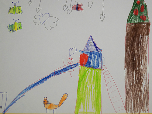 Gemaltes Kinderbild mit großer Rutsche und Katze