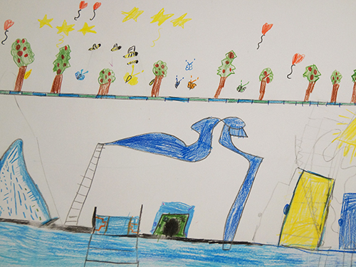 Gemaltes Kinderbild mit Freibad
