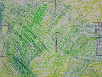 Gemaltes Kinderbild mit Fußballfeld von oben