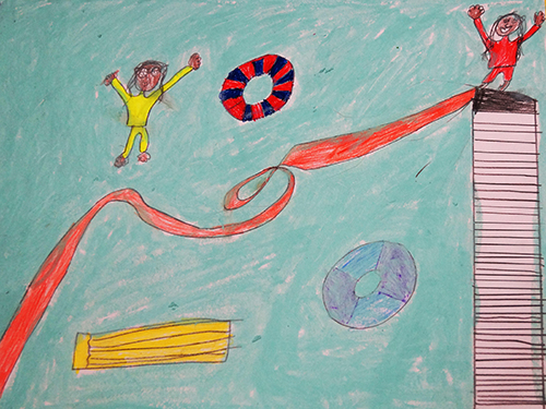 Gemaltes Kinderbild mit Freibad und Rutsche und badenden Kindern