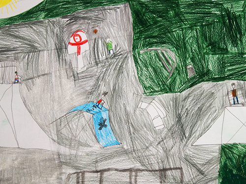 Gemaltes Kinderbild mit Basketballkorb und Skaterbahn
