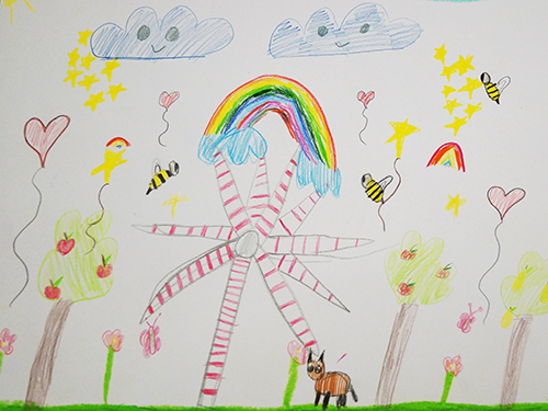 Gemaltes kunterbuntes Kinderbild mit Bäumen und Katze