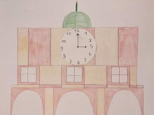 Gemaltes Kinderbild mit Haus mit Arkaden und großer Uhr