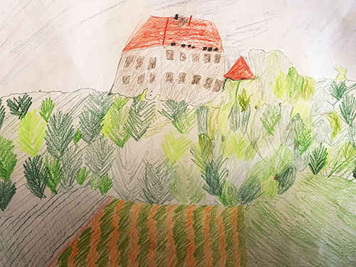 Gemaltes Kinderbild mit der Burg Hoheneck, die über den Weinbergen thront