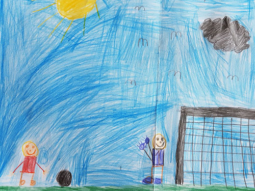 Gemaltes Kinderbild mit zwei Kindern, die Fußball spielen