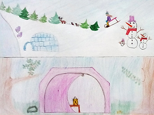 Gemaltes Kinderbild mit Schneemännern und Iglu
