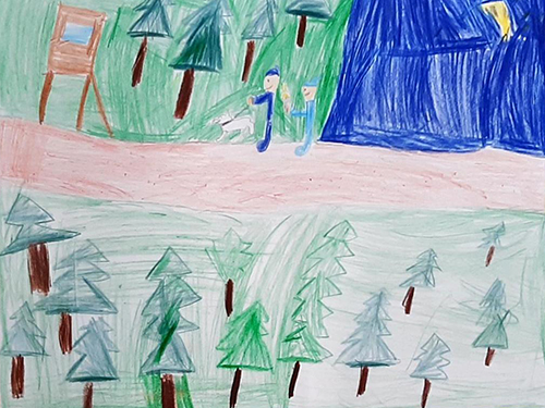 Gemaltes Kinderbild mit zwei Menschen, der auf einem Waldweg entlang spaziert