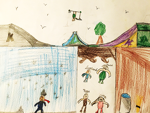 Gemaltes Kinderbild mit spielenden Kindern