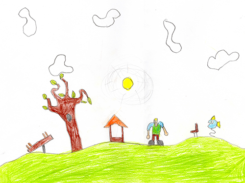 Gemaltes Kinderbild mit Haus, Hund, Sonne, Mensch und Baum auf grünen Hügeln